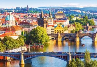 Bridges of Prague, Czech Republic Scenic summer aerial view of the Old Town pier architecture and Charles Bridge over Vltava river in Prague, Czech Republic