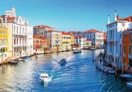 Italy Grand canal of Venice city with boats at sunny day. Italy